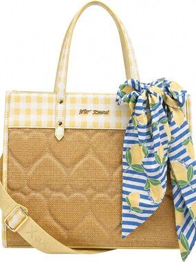 Lemon Picnic Tote Bag with Heart Quilted Straw, Gingham Trim & Scarf Accent